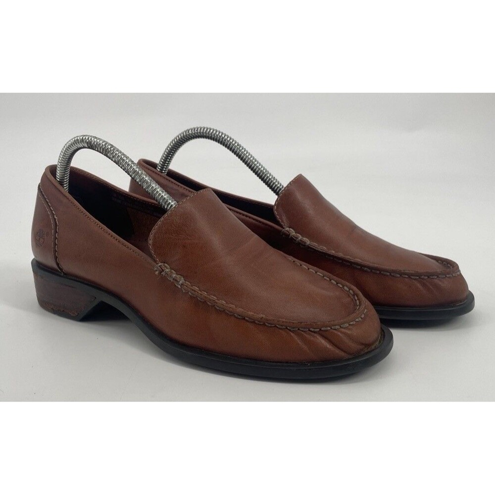 Timberland Women’s Brown Genuine Leather Slip On Loafers Moc Toe Comfort Shoes